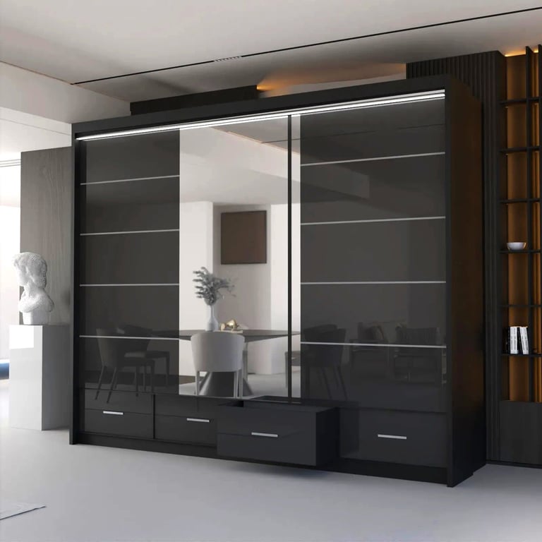 ⚡🌟Brand New High Gloss 2 or 3 Doors Sliding Wardrobe with Mirrors, Drawers, LED Light included