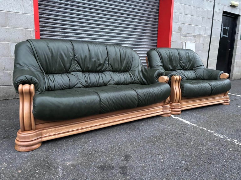 Oak Frame Green Leather 2 and 3 Seater Sofas 