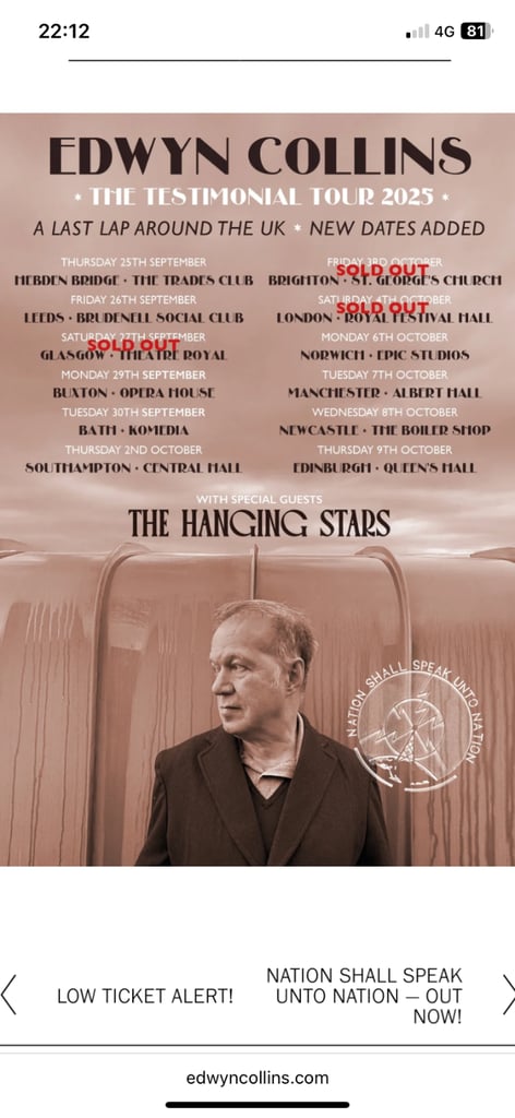 image for 2 TICKETS FOR EDWYN COLLINS 3/10 Brighton
