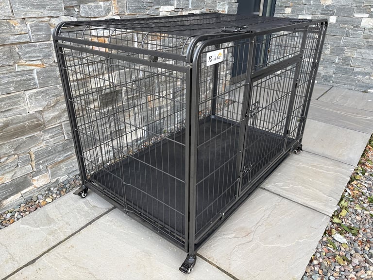 PawHut Metal Dog Cage Kennel Locking Door & Wheels Removable Tray 