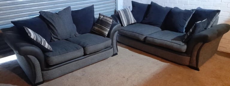 Grey and Black fabric 3 seater and 2 seater sofa with reversible back cushions