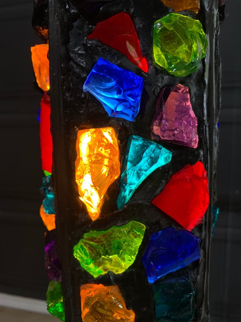 SOLD Pair of Vintage Mid Century Peter Marsh Leaded Rock Glass & Wrought Iron Lantern Lamps 50s 70s