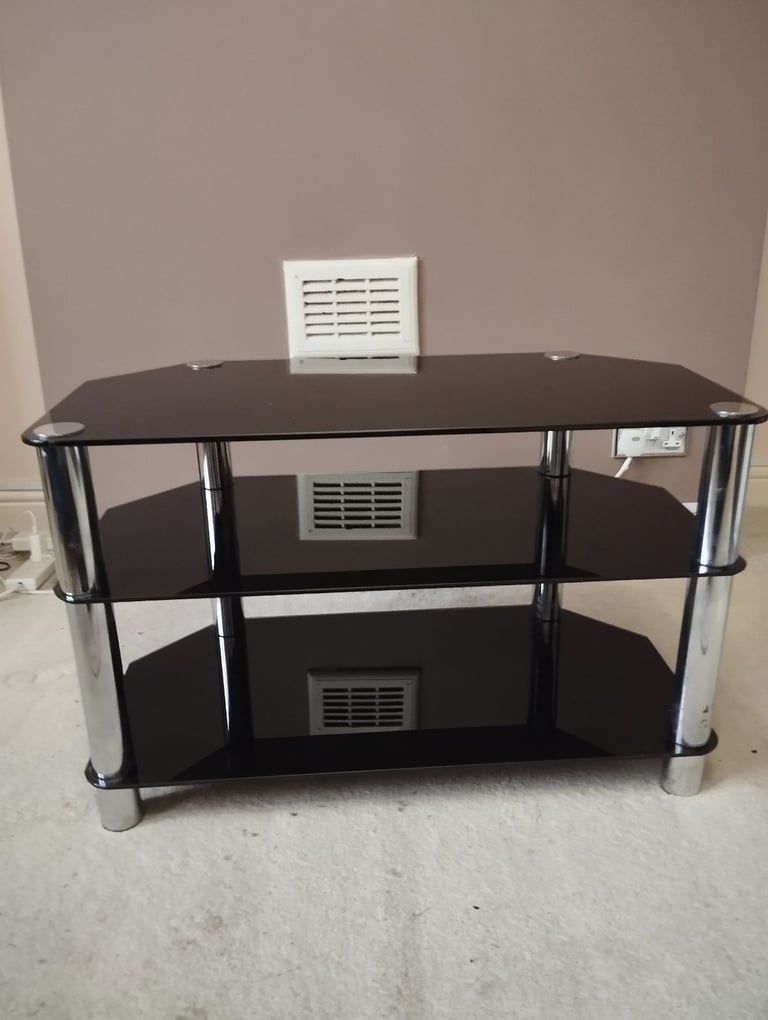 image for Glass TV Stand with 3 Shelves, Black/Chrome