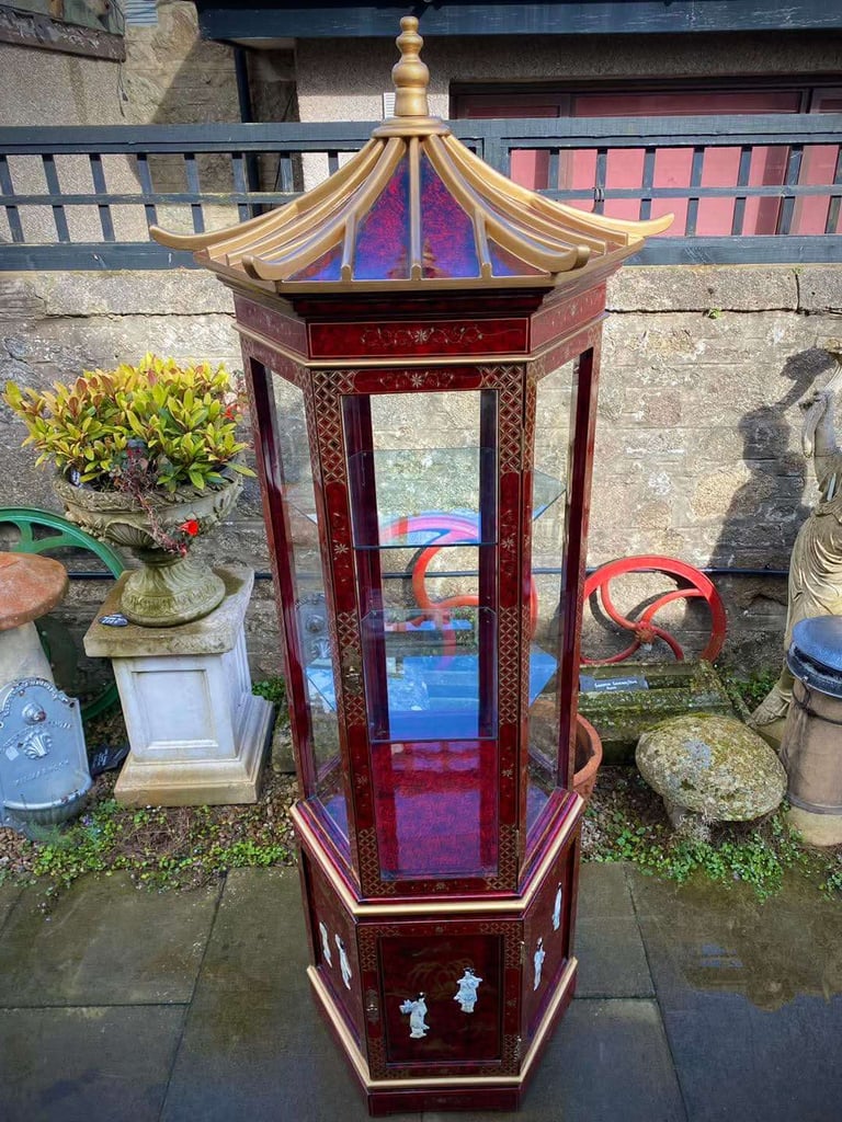Tall (7ft) Chinese Oriental Style Red Lacquered Hexagonal Glazed Pagoda Display Cabinet
