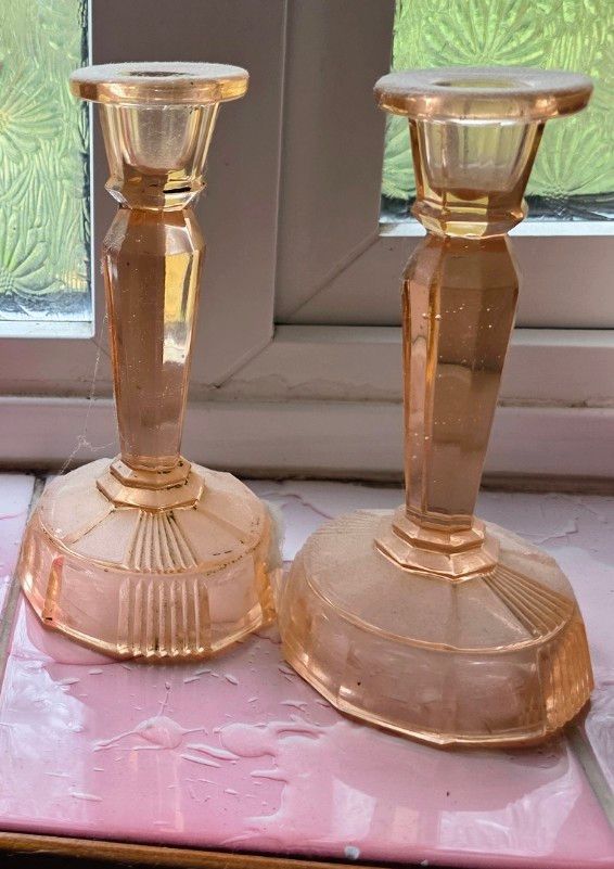 Art deco vintage pink glass candlesticks