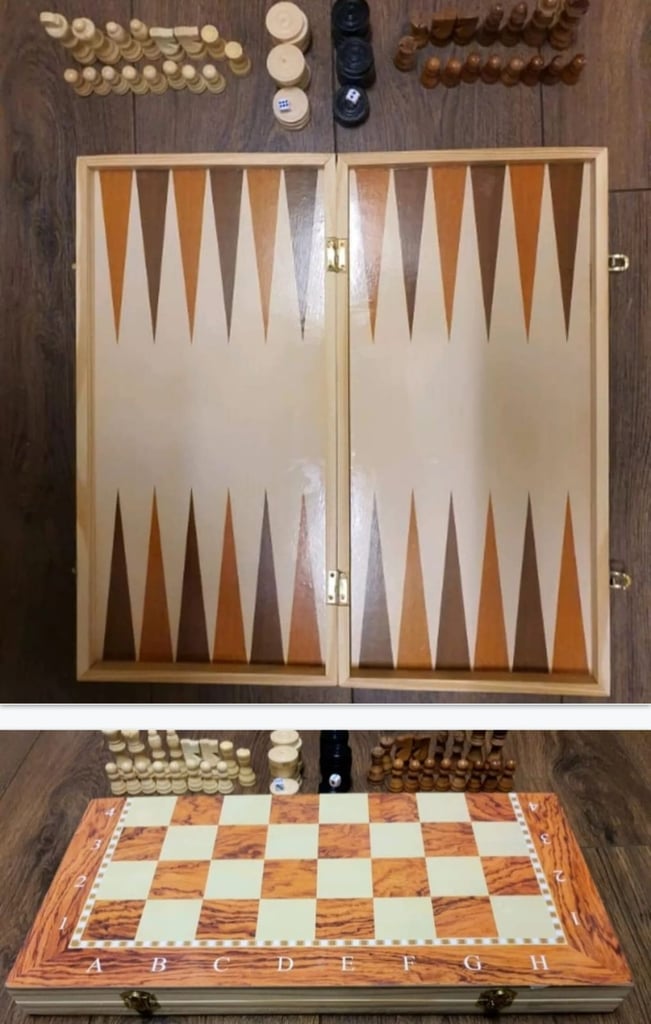 Wooden Folding Chess Backgammon Checker Set 19inch Large 3 in1 i7