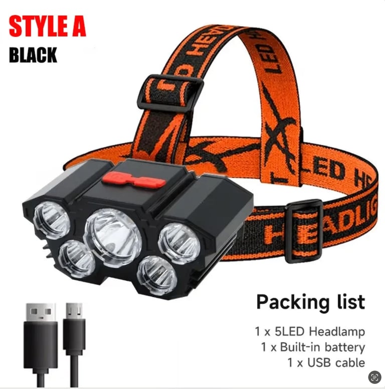 image for 5 Heads USB Rechargeable Super Bright Headlamp