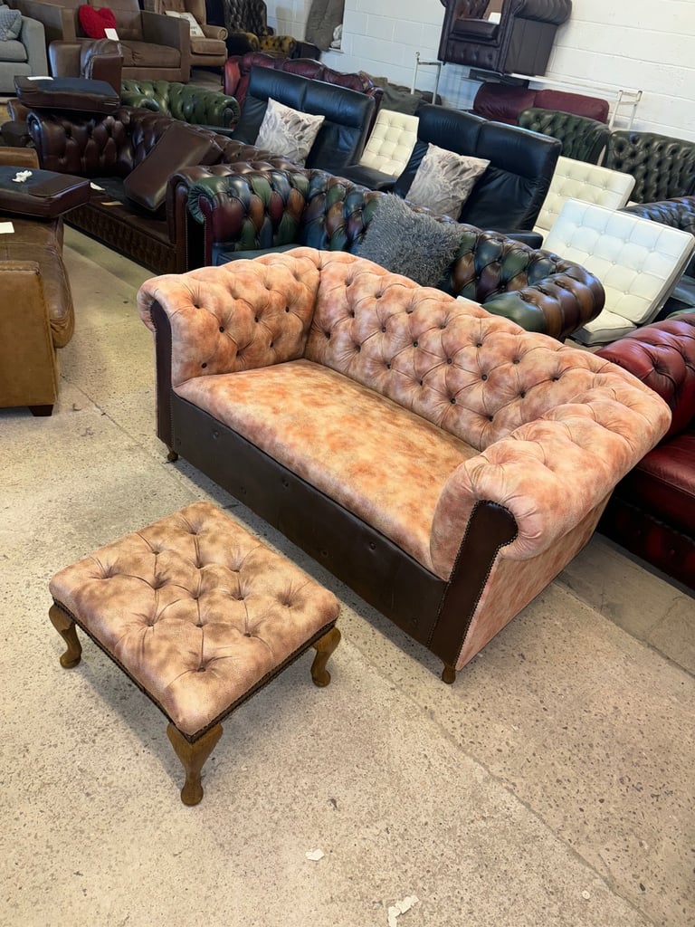 Chesterfield brown leather unique two seater sofa with footstool