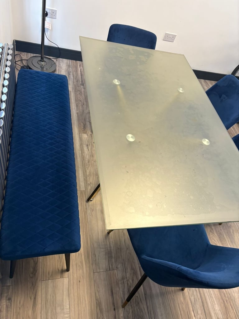 Dining table. 4 chairs and velvet dining bench 