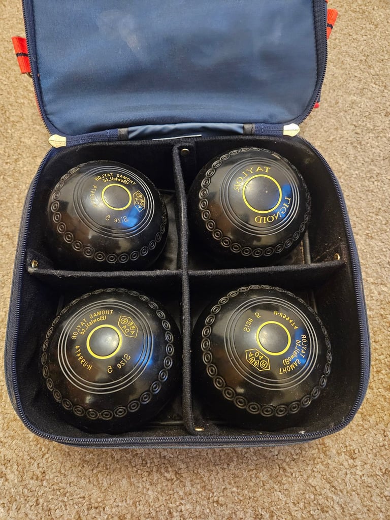 image for Thomas Taylor Lignoid Black Lawn Bowls For Sale – Size 5, Heavy, Excellent Condition