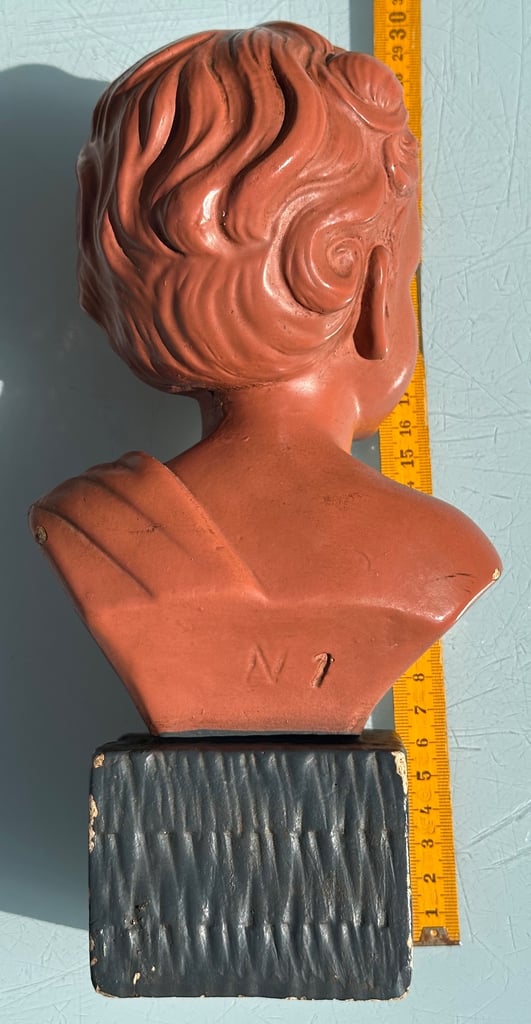 ANTIQUE FRENCH PLASTER BUST OF A YOUNG BOY, PAINTED CHALKWARE STATUE, 27cm tall - 1900s - WILL POST!