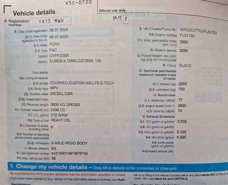 Ford, TOURNEO CUSTOM, MPV, 2015, Manual, 2198 (cc), 5 doors