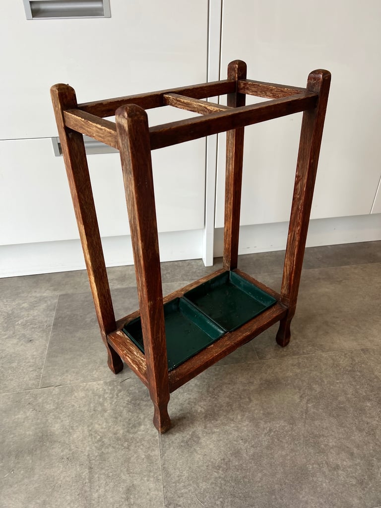 Vintage Wood Umbrella Stand with 2 Green Metal Drip Trays