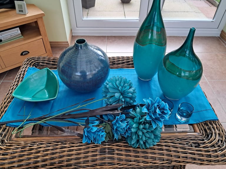 image for Teal livingroom bedroom accessories vases, bowl, artificial flowers