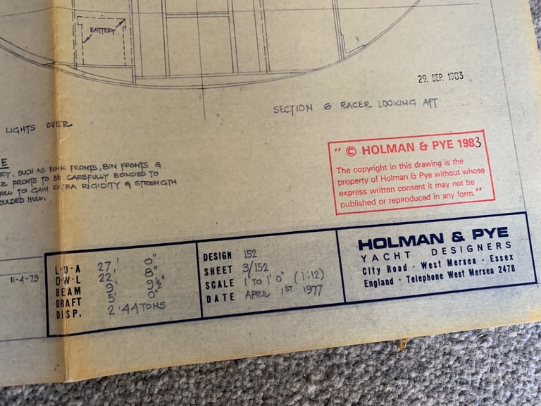 Holman & Pye Yacht Designers Plan 152-UFO 27 Cruiser & Racer Vintage Boat Blueprints 
