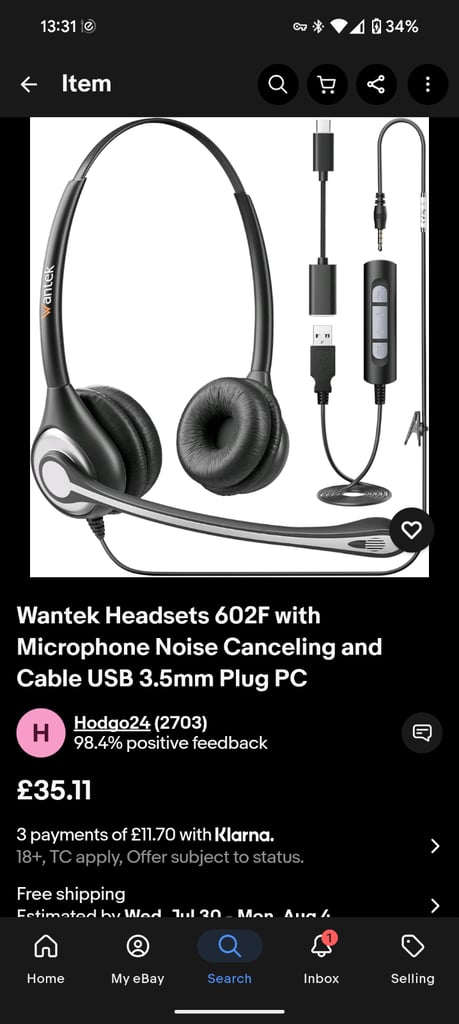 Wantek Headsets 602F with Microphone Noise Canceling and Cable USB 3.5mm Plug.