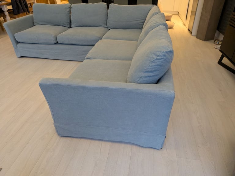 ONO..Stunning superior corner sofa, light blue quality feather filled and foam sofa
