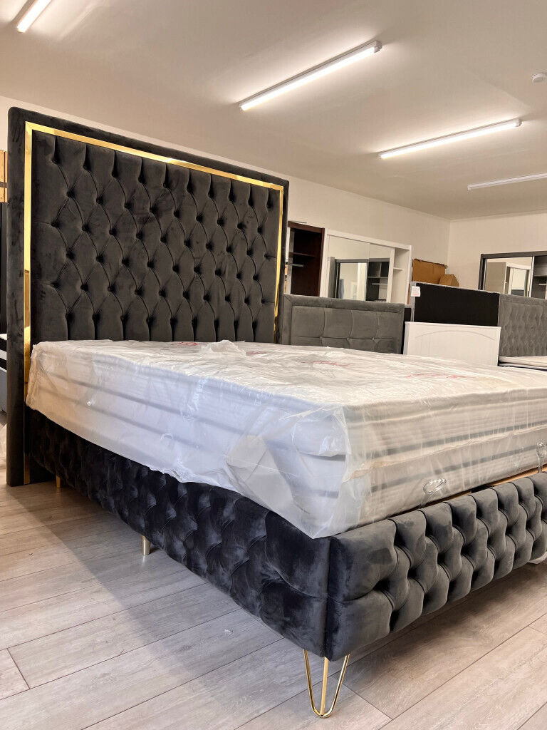 Plush Velvet Double And king Size Enzo Storage Bed Frame in Grey | in