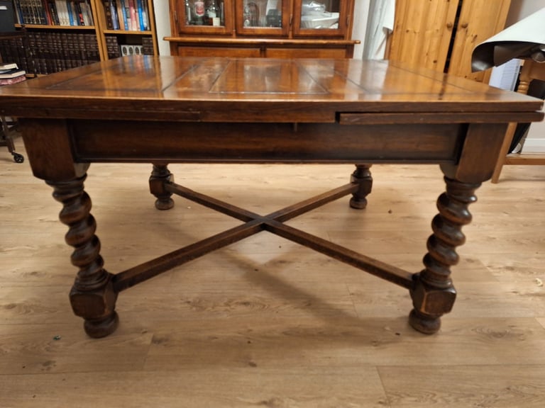 Vintage extending draw leaf dining table, barley twist
