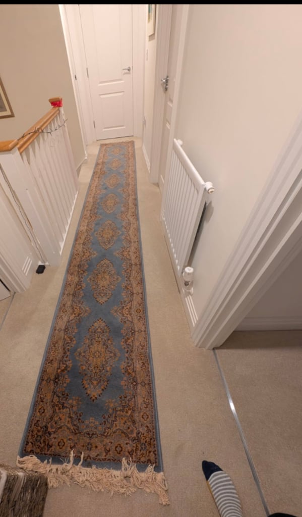 image for Long Blue Patterned Wool Rug 4.4 metres x 66 cm