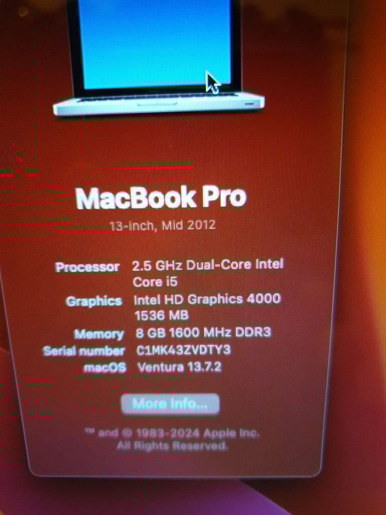 APPLE MACBOOK PRO A1278 13inch LAPTOP WITH CHARGER 2.5GHZ I5 CPU, 8GB DDR3 256GB SSD, MACOS VENTURA