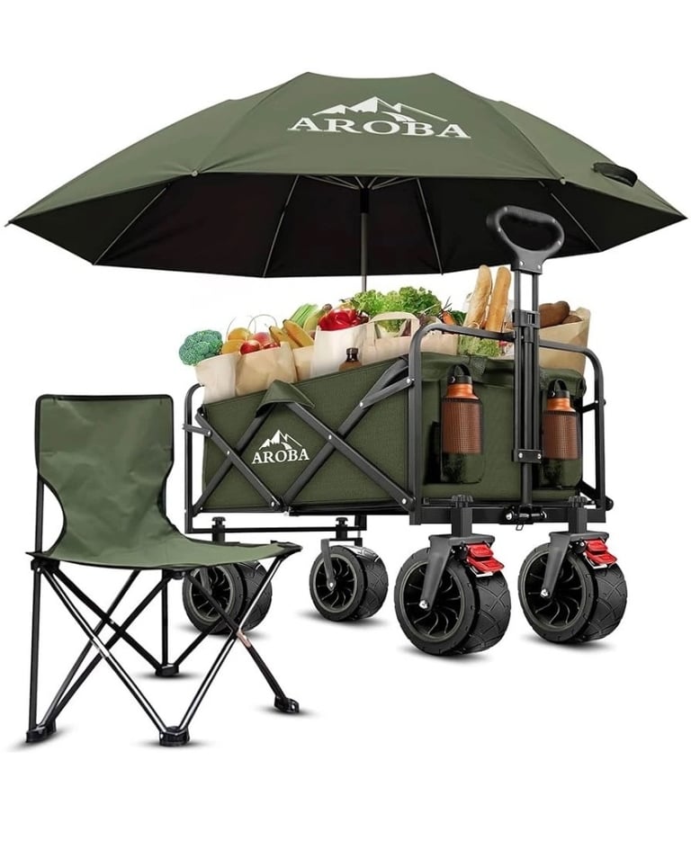 image for New- Aroba Folding Festival Trolley cart barrow +Chair +Umbrella - Table- Dark Green