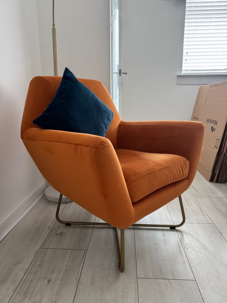 Plush Velvet Dark Blue Pillow Back 3 Seater Sofa, Large Dark Blue Footstool and Orange Accent Chair