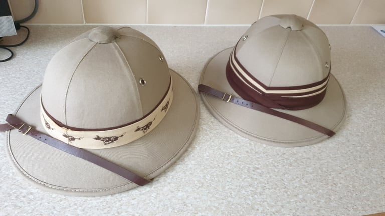 image for 2 Tropical French Pith Helmets in Khaki Canvas with Leather Chin Straps