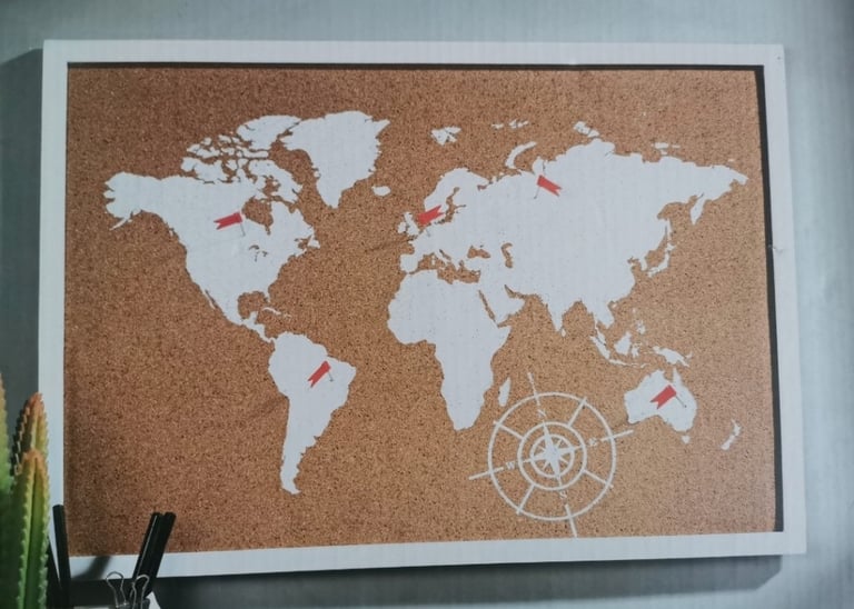 Brand new in box corkboard with world map design