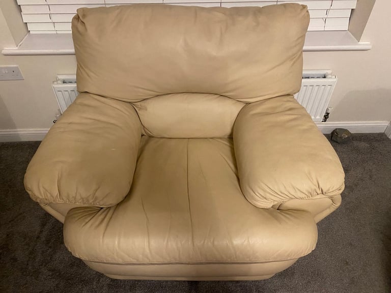 image for 2 Beige Leather Armchairs for sale.