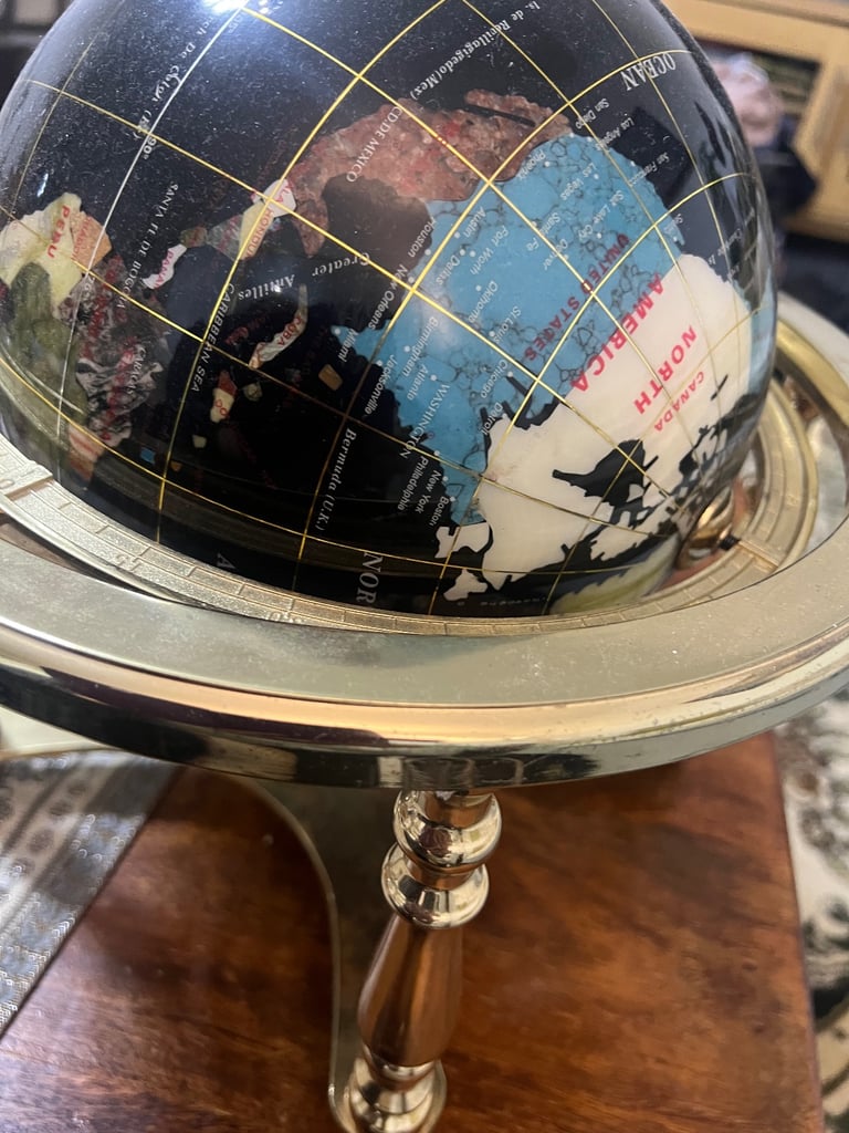 World Globe semi precious gemstone, brass stand