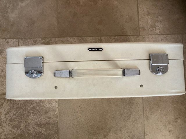 Vintage Revelation White Vinyl Hard Bodied Suitcase Blue Lining Storage Luggage