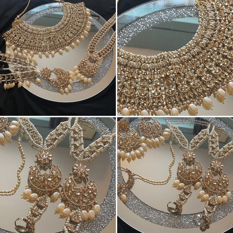 image for Gold plated with white pearls Full bridal set