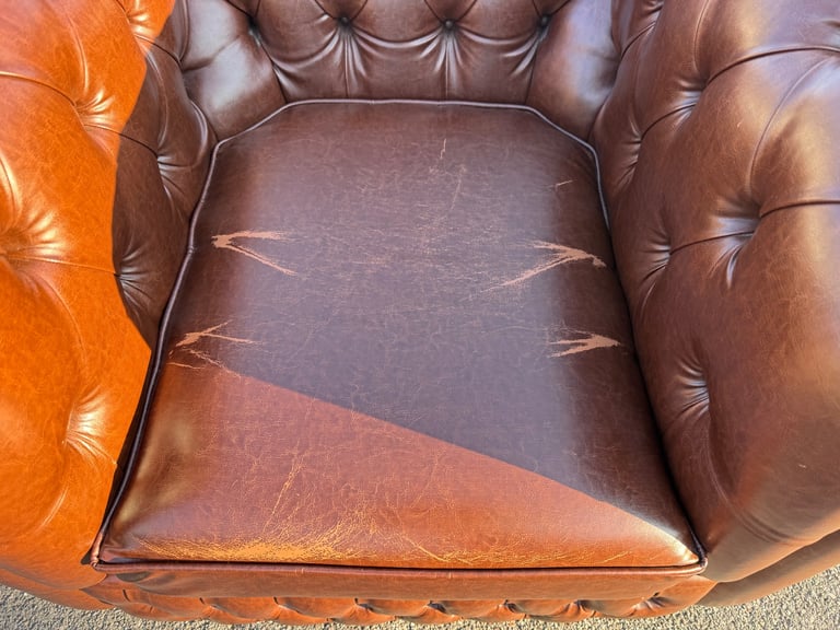 Pair of chesterfield faux brown leather club armchairs 