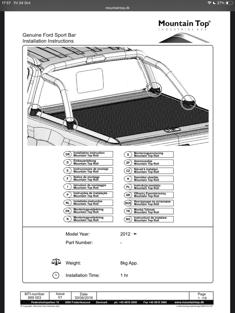 Mountain Top Roll / Sports Bar - Fitting Kit MTI 889 002