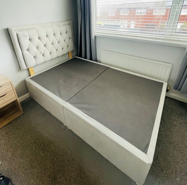 image for Small double grey velvet bed base with head board 