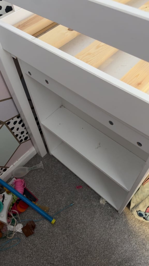 White wooden mid sleeper with desk and mattress 