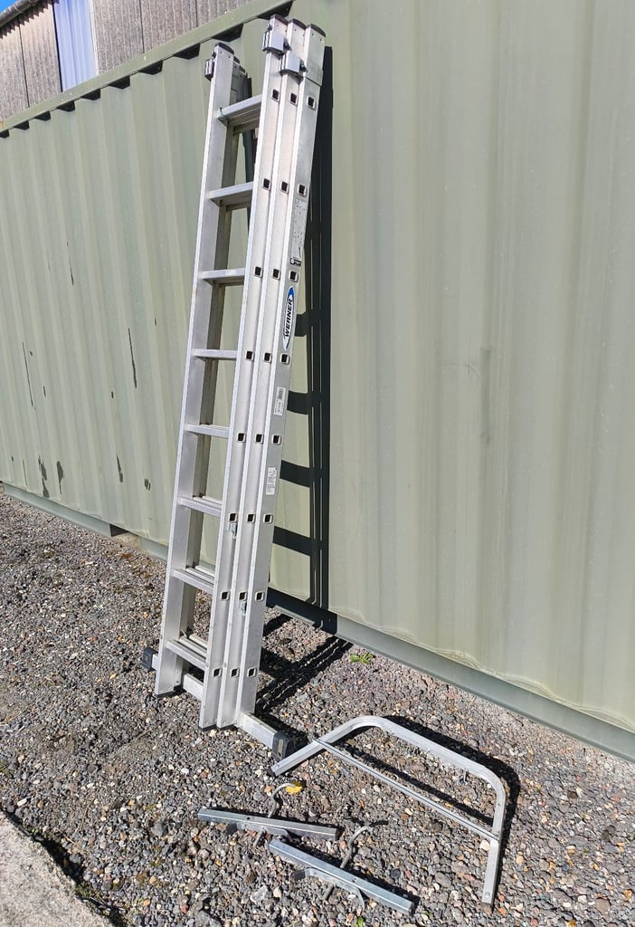 Werner Pro 3 Section Extension Ladder 2.5m - 5.7m + Off Stand + Roof Bar Clamps