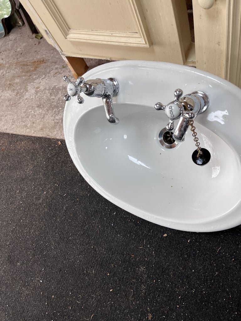 Bathroom Basin with Vintage Cross Headed Taps and Vanity with Doors