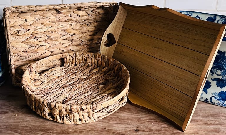 image for 🌾 Rustic Woven & Wood Tray Trio – Natural Charm Set
