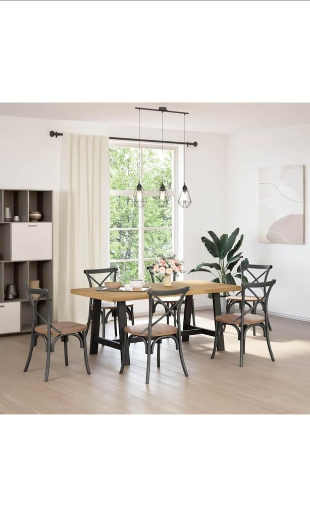 image for Gecheer Pine Dining Table - Rustic Charm with A-Shaped Legs, 180x90x75 cm, Natural Top/Black Legs