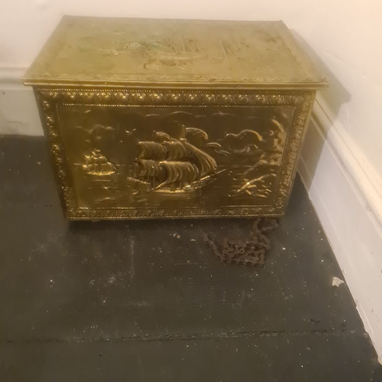 image for Edwardian Storage Coal Box in Wood and Brass featuring Navy Motifs Antique