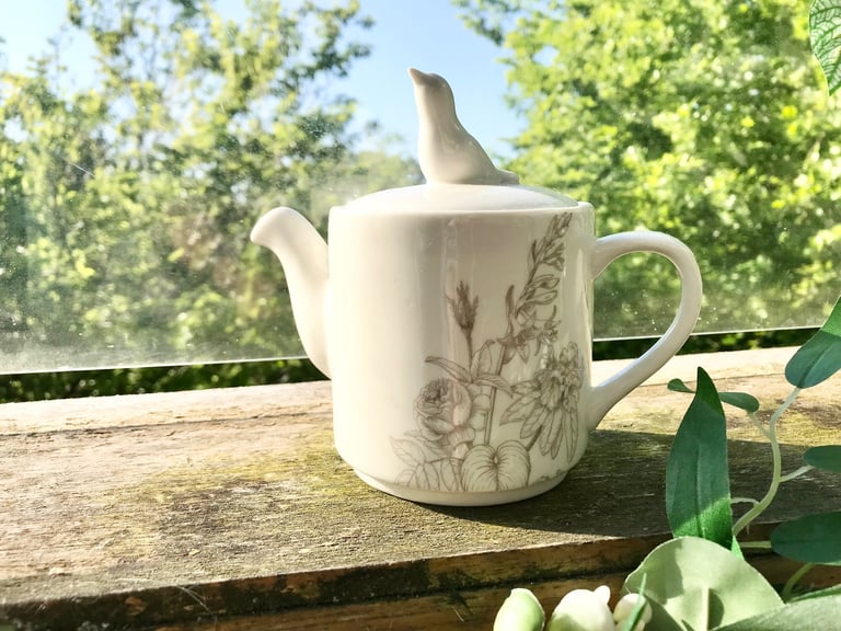 image for Royal horticulture society - cute little teapot, bird lid. White. Has been on display only