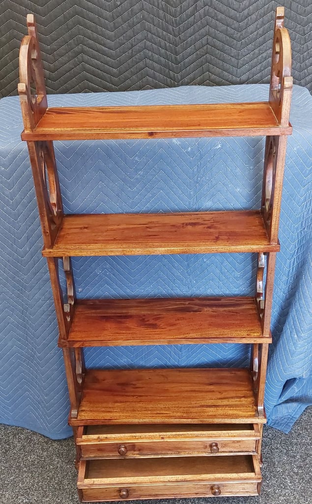 Retro solid oak shelving unit.