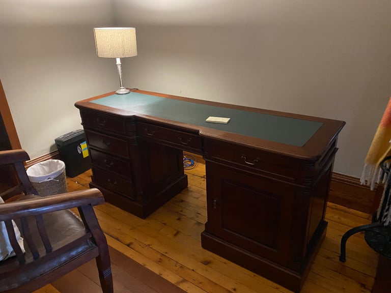 Executive Pedestal Dark Wood Desk with Green Leather writing pad top