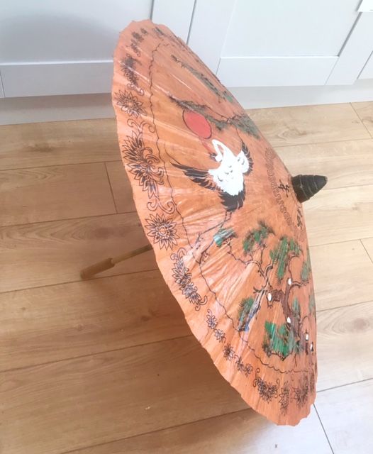VINTAGE RICE PAPER PARASOL, BAMBOO, ORIENTAL, UMBRELLA 