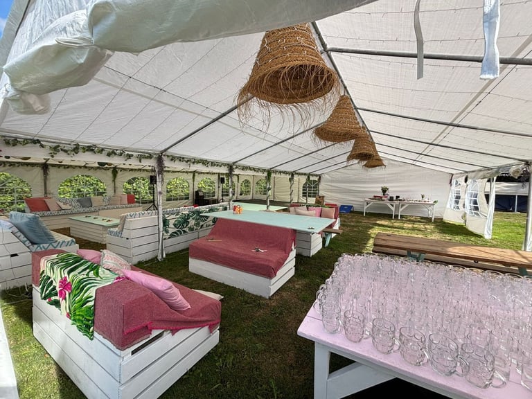 Wedding / Party Setup Including Marquees, Seating, Tables and Decorations.