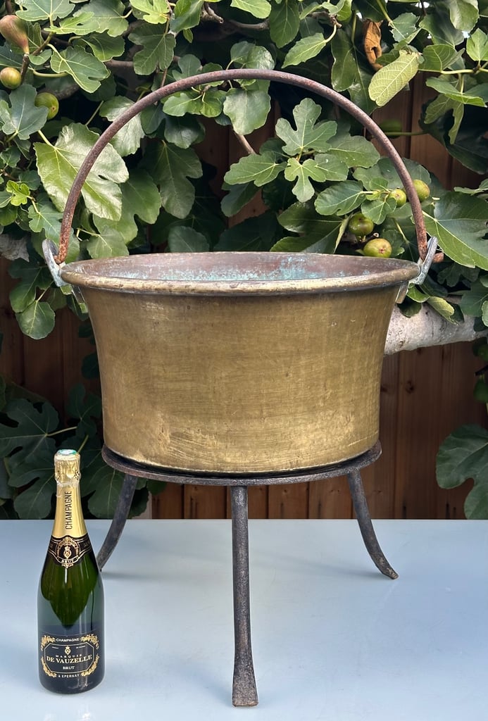 image for LARGE ANTIQUE FRENCH COPPER CAULDRON & STAND, LOG BUCKET, PLANTER, L58cm - 1900s - WILL POST!