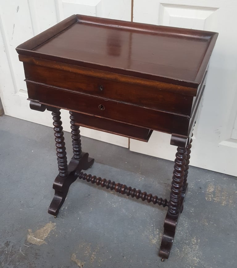 Antique Barley Twist Sewing Box on Wheels