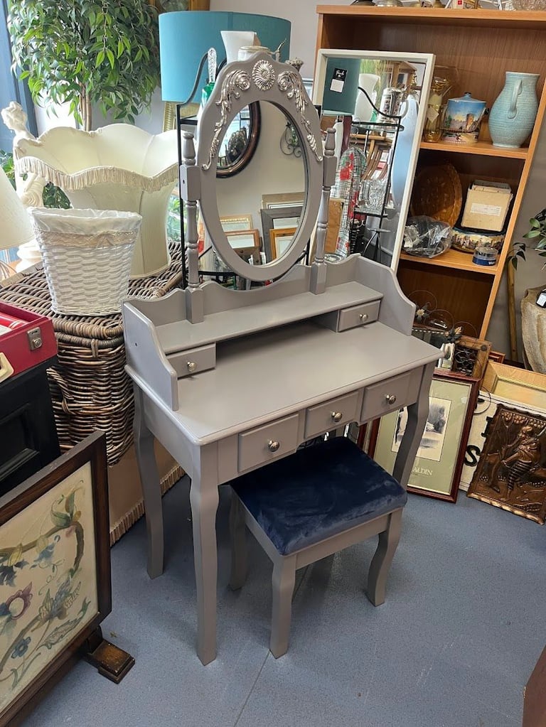 image for Like New Grey Dressing Table with Mirror & Stool